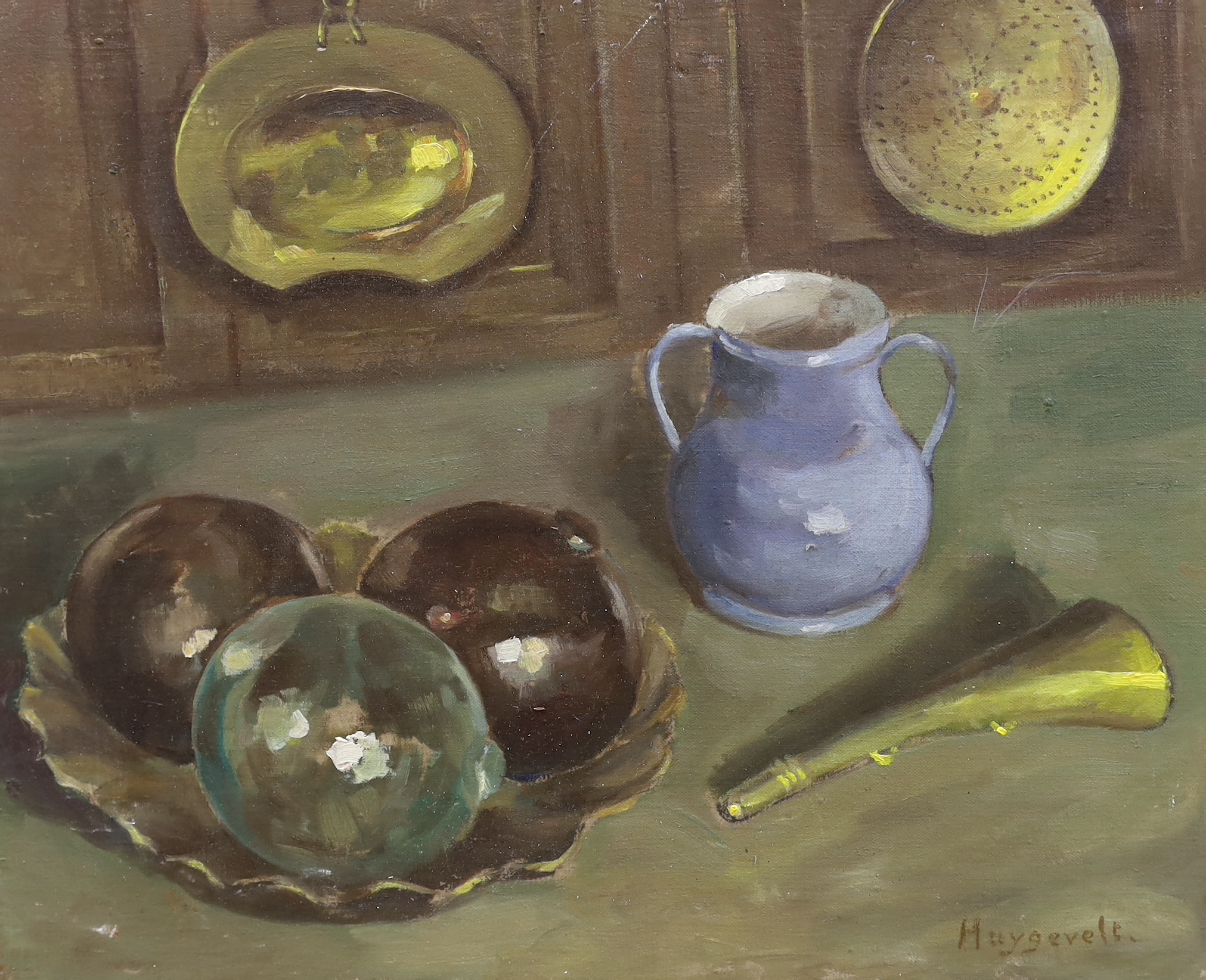 Haygevelt, oil on canvas, Still life of glass floats and brassware on a table top, signed, 50 x 60cm, unframed